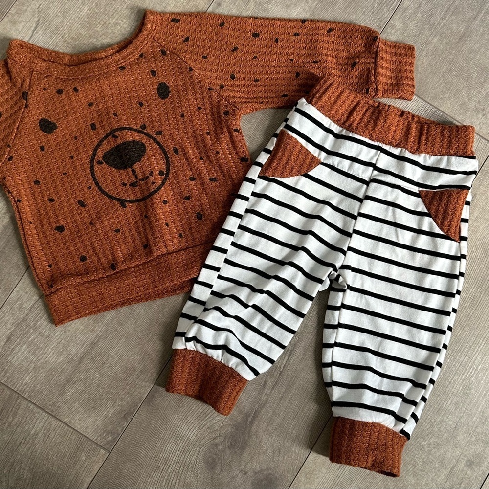 Boutique Baby Boy Thermal Bear Long Sleeve & Matching Striped Jogger Pants 3-6M